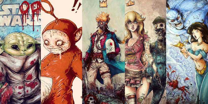     Artysta przerobił 30 znanych postaci. Upiorne metamorfozy: krwawy Baby Yoda i flaczki Teletubisia